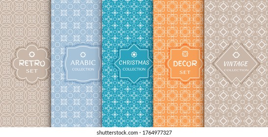 Set of seamless line patterns, colored background. Stylish decorative vintage, retro, arabic, christmas label decor set. Abstract geometric frame, vector illustration. Art Deco style, light colors