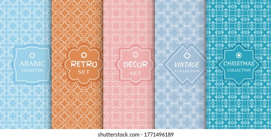 Set of seamless line patterns, colored background. Stylish decorative vintage, retro, arabic, christmas label decor set. Abstract geometric frame, vector illustration. Art Deco style, light colors