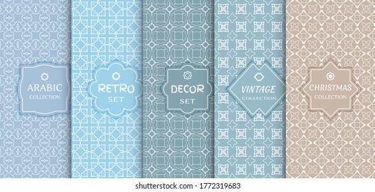 Set of seamless line patterns, colored background. Stylish decorative vintage, retro, arabic, christmas label decor set. Abstract geometric frame, vector illustration. Art Deco style, light colors
