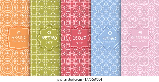 Set of seamless line patterns, colored background. Stylish decorative vintage, retro, arabic, christmas label decor set. Abstract geometric frame, vector illustration. Art Deco style, light colors