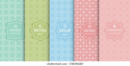 Set of seamless line patterns, colored background. Stylish decorative vintage, retro, arabic, christmas label decor set. Abstract geometric frame, vector illustration. Art Deco style, light colors