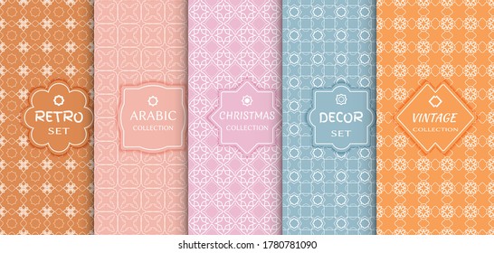 Set of seamless line patterns, colored background. Stylish decorative vintage, retro, arabic, christmas label decor set. Abstract geometric frame, vector illustration. Art Deco style, light colors