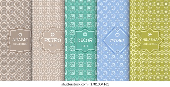 Set of seamless line patterns, colored background. Stylish decorative vintage, retro, arabic, christmas label decor set. Abstract geometric frame, vector illustration. Art Deco style, light colors