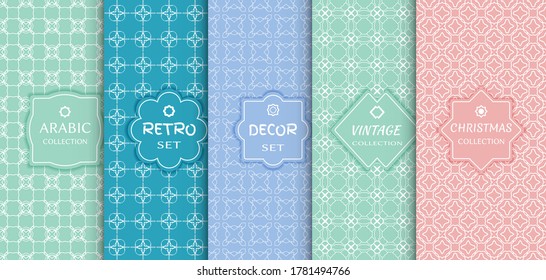 Set of seamless line patterns, colored background. Stylish decorative vintage, retro, arabic, christmas label decor set. Abstract geometric frame, vector illustration. Art Deco style, light colors