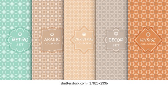 Set of seamless line patterns, colored background. Stylish decorative vintage, retro, arabic, christmas label decor set. Abstract geometric frame, vector illustration. Art Deco style, light colors