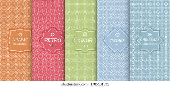 Set of seamless line patterns, colored background. Stylish decorative vintage, retro, arabic, christmas label decor set. Abstract geometric frame, vector illustration. Art Deco style, light colors
