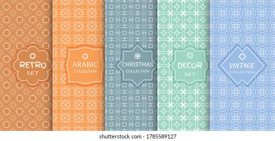 Set of seamless line patterns, colored background. Stylish decorative vintage, retro, arabic, christmas label decor set. Abstract geometric frame, vector illustration. Art Deco style, light colors