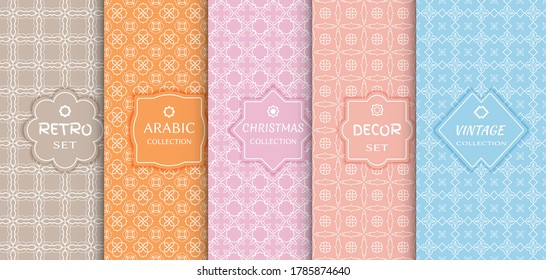 Set of seamless line patterns, colored background. Stylish decorative vintage, retro, arabic, christmas label decor set. Abstract geometric frame, vector illustration. Art Deco style, light colors