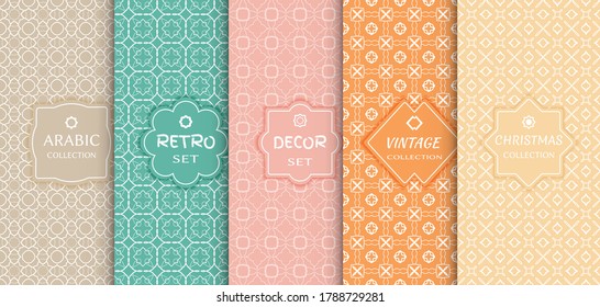 Set of seamless line patterns, colored background. Stylish decorative vintage, retro, arabic, christmas label decor set. Abstract geometric frame, vector illustration. Art Deco style, light colors