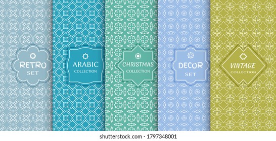 Set of seamless line patterns, colored background. Stylish decorative vintage, retro, arabic, christmas label decor set. Abstract geometric frame, vector illustration. Art Deco style, light colors