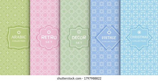 Set of seamless line patterns, colored background. Stylish decorative vintage, retro, arabic, christmas label decor set. Abstract geometric frame, vector illustration. Art Deco style, light colors