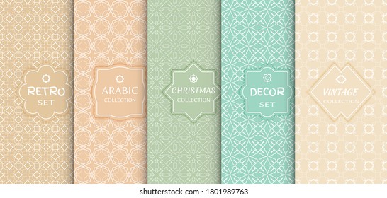 Set of seamless line patterns, colored background. Stylish decorative vintage, retro, arabic, christmas label decor set. Abstract geometric frame, vector illustration. Art Deco style, light colors