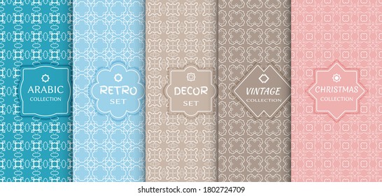 Conjunto de patrones de línea sin fisuras, fondo de color. Decoración de estilo vintage, retro, árabe y navideño. Resumen del marco geométrico, ilustración vectorial. Estilo Art Decó, colores claros