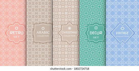 Set of seamless line patterns, colored background. Stylish decorative vintage, retro, arabic, christmas label decor set. Abstract geometric frame, vector illustration. Art Deco style, light colors