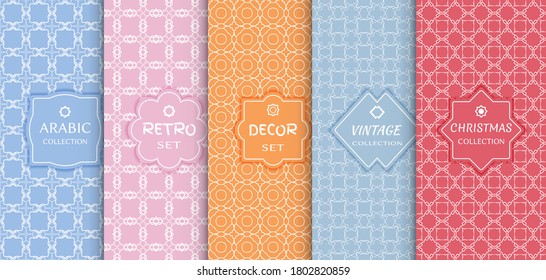 Set of seamless line patterns, colored background. Stylish decorative vintage, retro, arabic, christmas label decor set. Abstract geometric frame, vector illustration. Art Deco style, light colors