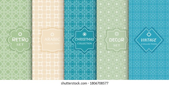 Set of seamless line patterns, colored background. Stylish decorative vintage, retro, arabic, christmas label decor set. Abstract geometric frame, vector illustration. Art Deco style, light colors