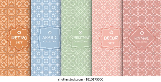 Set of seamless line patterns, colored background. Stylish decorative vintage, retro, arabic, christmas label decor set. Abstract geometric frame, vector illustration. Art Deco style, light colors