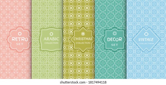 Set of seamless line patterns, colored background. Stylish decorative vintage, retro, arabic, christmas label decor set. Abstract geometric frame, vector illustration. Art Deco style, light colors