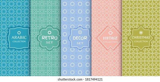 Set of seamless line patterns, colored background. Stylish decorative vintage, retro, arabic, christmas label decor set. Abstract geometric frame, vector illustration. Art Deco style, light colors