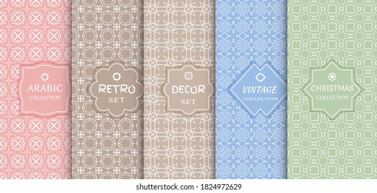 Set of seamless line patterns, colored background. Stylish decorative vintage, retro, arabic, christmas label decor set. Abstract geometric frame, vector illustration. Art Deco style, light colors