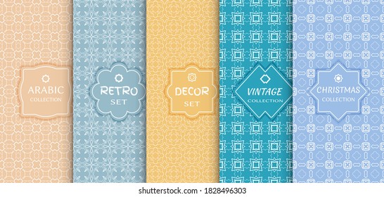 Set of seamless line patterns, colored background. Stylish decorative vintage, retro, arabic, christmas label decor set. Abstract geometric frame, vector illustration. Art Deco style, light colors