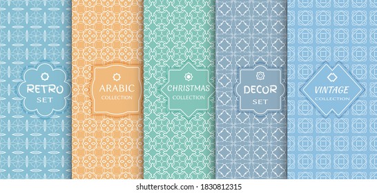 Set of seamless line patterns, colored background. Stylish decorative vintage, retro, arabic, christmas label decor set. Abstract geometric frame, vector illustration. Art Deco style, light colors