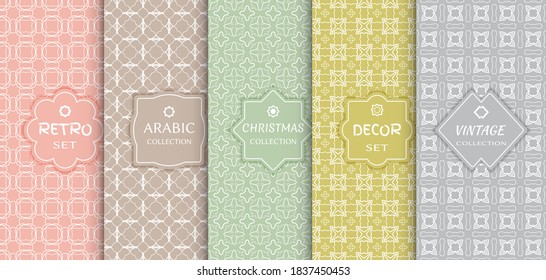 Set of seamless line patterns, colored background. Stylish decorative vintage, retro, arabic, christmas label decor set. Abstract geometric frame, vector illustration. Art Deco style, light colors