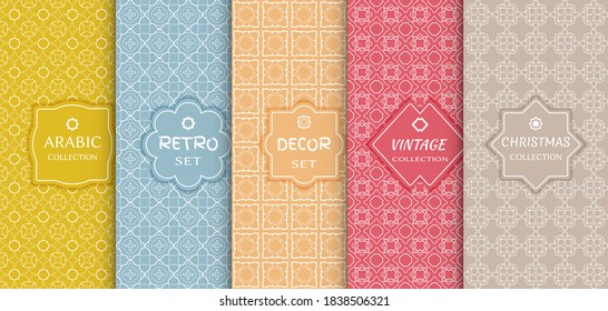Set of seamless line patterns, colored background. Stylish decorative vintage, retro, arabic, christmas label decor set. Abstract geometric frame, vector illustration. Art Deco style, light colors