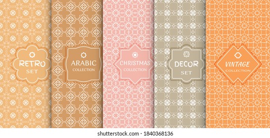 Set of seamless line patterns, colored background. Stylish decorative vintage, retro, arabic, christmas label decor set. Abstract geometric frame, vector illustration. Art Deco style, light colors