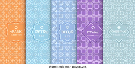 Set of seamless line patterns, colored background. Stylish decorative vintage, retro, arabic, christmas label decor set. Abstract geometric frame, vector illustration. Art Deco style, light colors