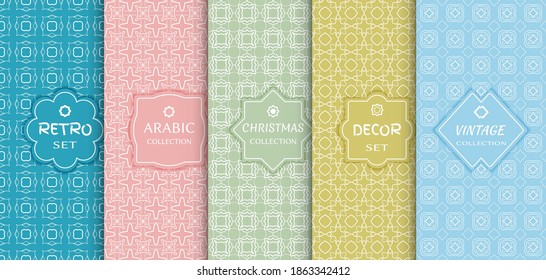 Set of seamless line patterns, colored background. Stylish decorative vintage, retro, arabic, christmas label decor set. Abstract geometric frame, vector illustration. Art Deco style, light colors