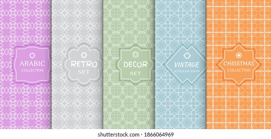Set of seamless line patterns, colored background. Stylish decorative vintage, retro, arabic, christmas label decor set. Abstract geometric frame, vector illustration. Art Deco style, light colors