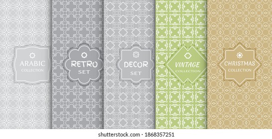 Set of seamless line patterns, colored background. Stylish decorative vintage, retro, arabic, christmas label decor set. Abstract geometric frame, vector illustration. Art Deco style, light colors