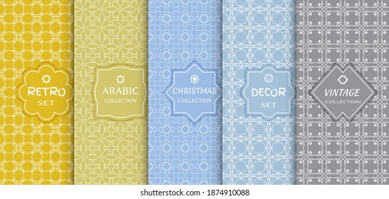 Set of seamless line patterns, colored background. Stylish decorative vintage, retro, arabic, christmas label decor set. Abstract geometric frame, vector illustration. Art Deco style, light colors