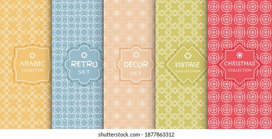 Set of seamless line patterns, colored background. Stylish decorative vintage, retro, arabic, christmas label decor set. Abstract geometric frame, vector illustration. Art Deco style, light colors