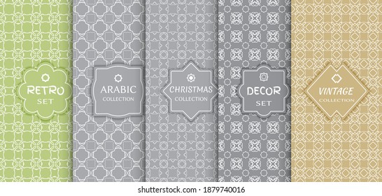 Set of seamless line patterns, colored background. Stylish decorative vintage, retro, arabic, christmas label decor set. Abstract geometric frame, vector illustration. Art Deco style, light colors