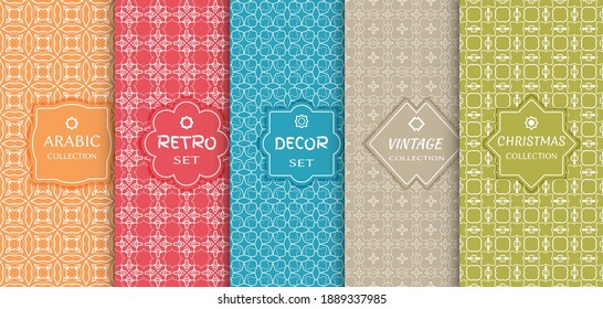 Set of seamless line patterns, colored background. Stylish decorative vintage, retro, arabic, christmas label decor set. Abstract geometric frame, vector illustration. Art Deco style, light colors