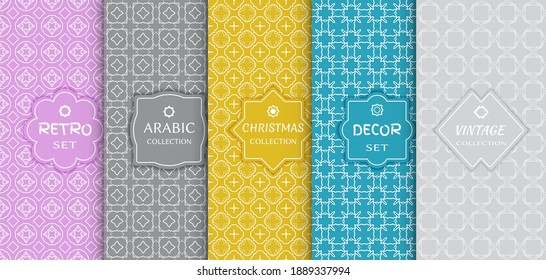 Set of seamless line patterns, colored background. Stylish decorative vintage, retro, arabic, christmas label decor set. Abstract geometric frame, vector illustration. Art Deco style, light colors