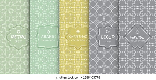 Set of seamless line patterns, colored background. Stylish decorative vintage, retro, arabic, christmas label decor set. Abstract geometric frame, vector illustration. Art Deco style, light colors