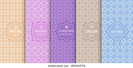 Set of seamless line patterns, colored background. Stylish decorative vintage, retro, arabic, christmas label decor set. Abstract geometric frame, vector illustration. Art Deco style, light colors