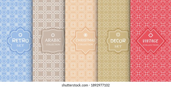 Set of seamless line patterns, colored background. Stylish decorative vintage, retro, arabic, christmas label decor set. Abstract geometric frame, vector illustration. Art Deco style, light colors