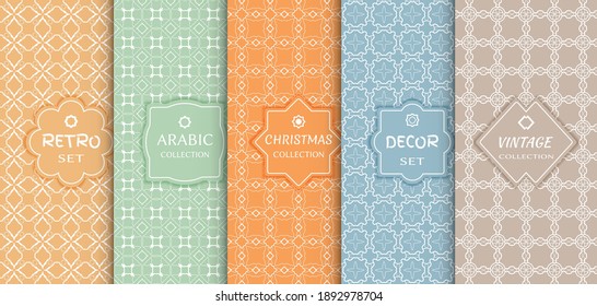 Set of seamless line patterns, colored background. Stylish decorative vintage, retro, arabic, christmas label decor set. Abstract geometric frame, vector illustration. Art Deco style, light colors