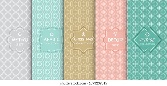Set of seamless line patterns, colored background. Stylish decorative vintage, retro, arabic, christmas label decor set. Abstract geometric frame, vector illustration. Art Deco style, light colors