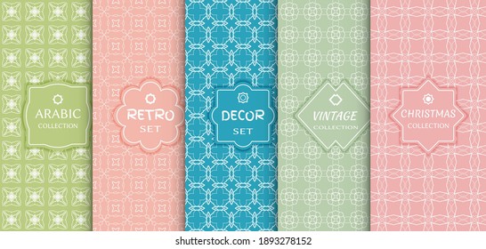 Set of seamless line patterns, colored background. Stylish decorative vintage, retro, arabic, christmas label decor set. Abstract geometric frame, vector illustration. Art Deco style, light colors