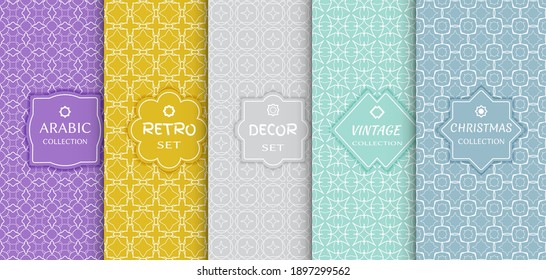Set of seamless line patterns, colored background. Stylish decorative vintage, retro, arabic, christmas label decor set. Abstract geometric frame, vector illustration. Art Deco style, light colors