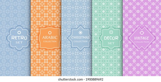 Set of seamless line patterns, colored background. Stylish decorative vintage, retro, arabic, christmas label decor set. Abstract geometric frame, vector illustration. Art Deco style, light colors