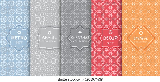 Set of seamless line patterns, colored background. Stylish decorative vintage, retro, arabic, christmas label decor set. Abstract geometric frame, vector illustration. Art Deco style, light colors
