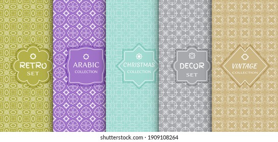 Set of seamless line patterns, colored background. Stylish decorative vintage, retro, arabic, christmas label decor set. Abstract geometric frame, vector illustration. Art Deco style, light colors