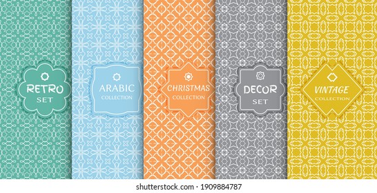 Set of seamless line patterns, colored background. Stylish decorative vintage, retro, arabic, christmas label decor set. Abstract geometric frame, vector illustration. Art Deco style, light colors