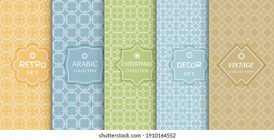Set of seamless line patterns, colored background. Stylish decorative vintage, retro, arabic, christmas label decor set. Abstract geometric frame, vector illustration. Art Deco style, light colors
